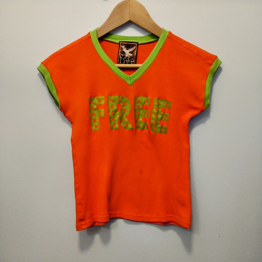 RARE Vintage 90s Graphic Orange & Green T-Shirt Cropped Top. Stars & V Neck